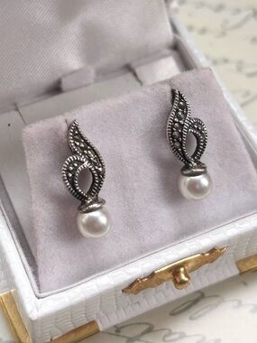 Estate Sterling Silver Pearl Drop Stud Earrings with Marcasite Detail